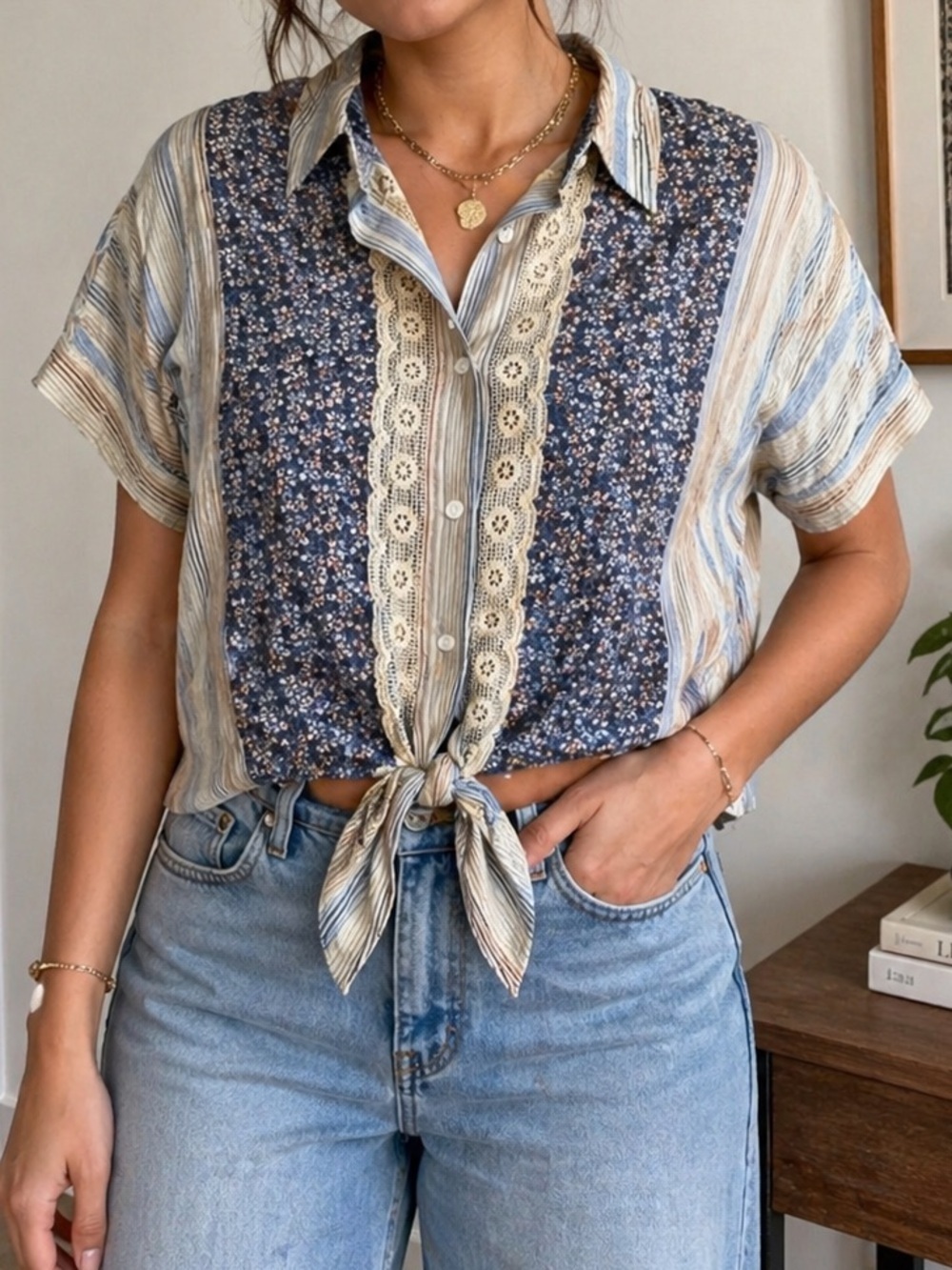 NEW hem & thread boutique  “mixed media tie front” button down size large